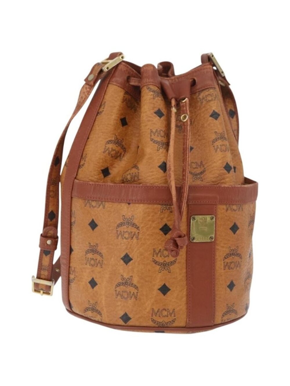 Authentic MCM Vicetos Logogram Shoulder Bag PVC Leather Brown Gold